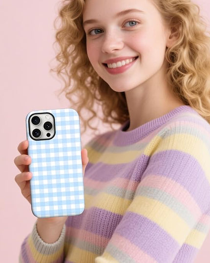 Magnetic for iPhone 13/14 Case Cute Checkered Stripes Phone Case for Women Girls, Shockproof Slim TPU and Hard PC Protective Phone Cover Compatible with MagSafe Designed, Blue