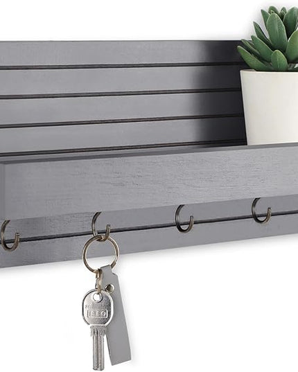 Lwenki Decorative Key Holder for Wall with Shelf, Entryway Shelf with Hooks Holds Leashes, Jackets and Glasses – Sturdy Wood Keyholder Entrance Hanger with Mounting Hardware (Gray, Medium)