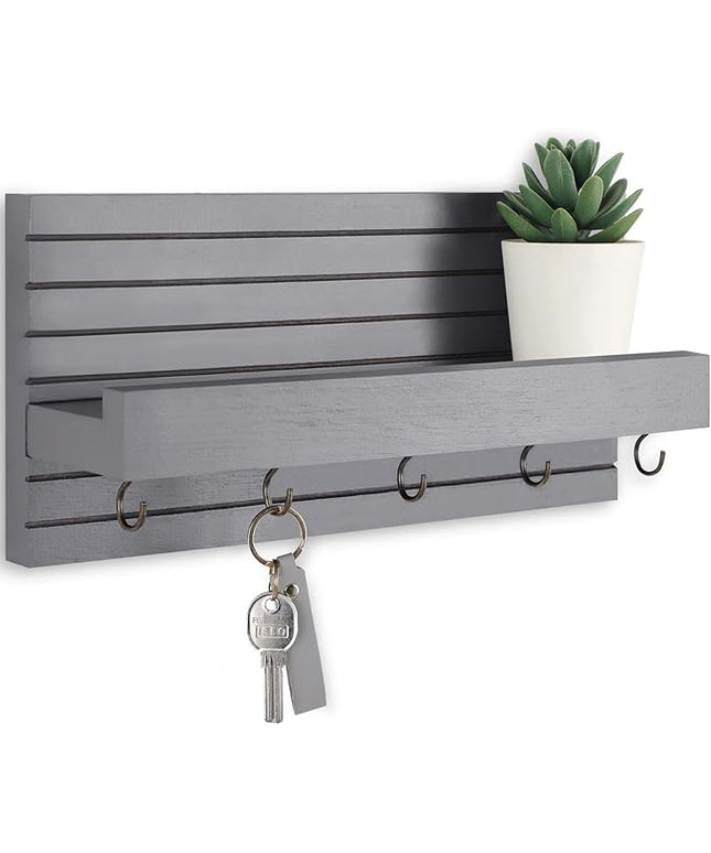 Lwenki Decorative Key Holder for Wall with Shelf, Entryway Shelf with Hooks Holds Leashes, Jackets and Glasses – Sturdy Wood Keyholder Entrance Hanger with Mounting Hardware (Gray, Medium)