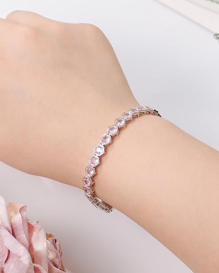 Birthstone Tennis Bracelets for Women Birthday Gifts 925 Sterling Silver Hexagon White Gold Bracelets Round Cut 5A Cubic Zirconia Prong Setting 7 Inch Anniversary Jewelry Gift