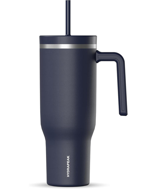 Hydrapeak Voyager 40 Oz Stainless Steel Tumbler with Handle, Insulated Water Bottle With Straw & Lid, Cupholder Friendly Reusable Travel Mug (Navy)