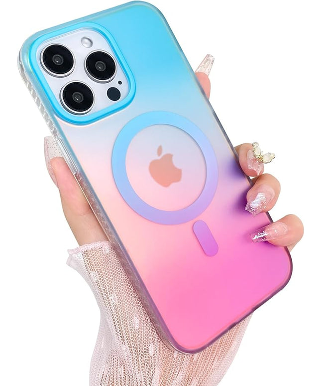 Aesthetic Case for iPhone 15 Pro Case for Women Girls, Compatible with Magsafe, Cute Girly Trendy Glitter Sparkly Rainbow Magnetic Protective Phone Cover, Matte Iridescent Blue & Pink