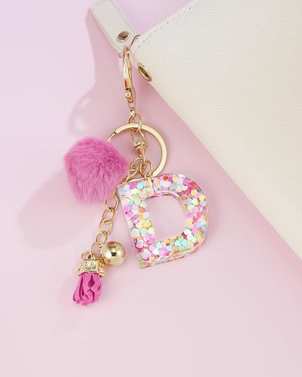 Resin Alphabet Initial Letter Keychain Keyring for Women Purse Handbags With Fur Ball Pom