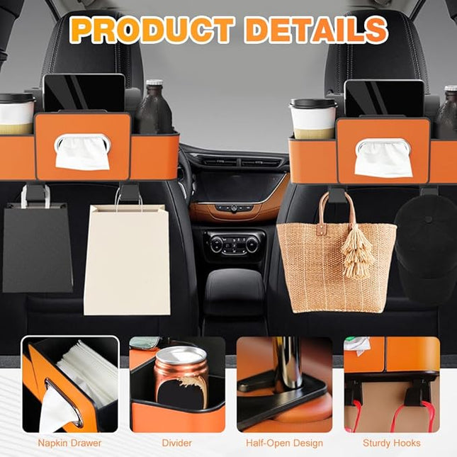 3-in-1 Car Backseat Organizer with Cup Holder, Tissue Box, Trash Bin & Hooks,Multifunctional Back Seat Car Organizer for Hold Phones, Snacks, Drinks, and Handbags (Orange)