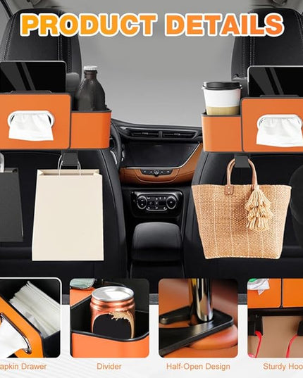 3-in-1 Car Backseat Organizer with Cup Holder,Tissue Box,Trash Bin & Hooks,Multifunctional Back Seat Car Organizer for Hold Phones,Snacks,Drinks,and Handbags (White)