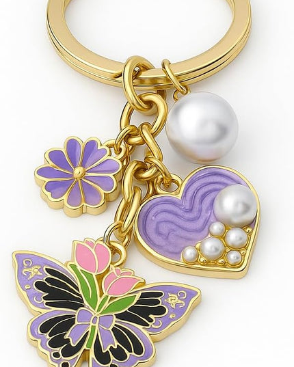 Floral Pearl Keychain - Elegant Purple Flower & Pearl Heart Key Chains for Women, Cute Butterfly Bag Charms, Romantic Gift
