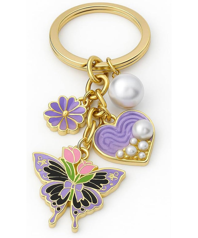Floral Pearl Keychain - Elegant Purple Flower & Pearl Heart Key Chains for Women, Cute Butterfly Bag Charms, Romantic Gift
