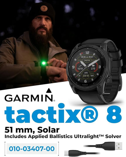 Garmin Tactix 8 51mm Solar Charged Display, Titanium Bezel, Sapphire Lens, Premium Tactical GPS Smartwatch, Includes Applied Ballistics Ultralight Solver, 40 M Dive Rating w/Wearable4U Earbuds Bundle