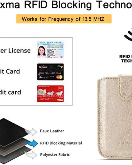 Phone Card Holder RFID Sleeve, Pu Leather Back Phone Wallet Stick-On Pull up 5 Card Holder Cards Cash for iPhone/Android/Samsung/All Smartphones (Gold)