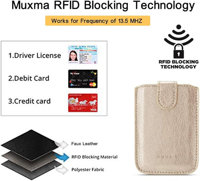 Phone Card Holder RFID Sleeve, Pu Leather Back Phone Wallet Stick-On Pull up 5 Card Holder Cards Cash for iPhone/Android/Samsung/All Smartphones (Gold)