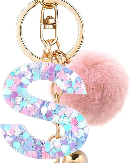 Resin Alphabet Initial Letter Keychain Keyring for Women Purse Handbags With Fur Ball Pom