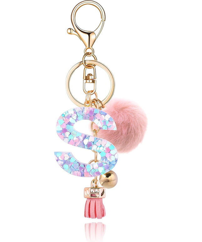 Resin Alphabet Initial Letter Keychain Keyring for Women Purse Handbags With Fur Ball Pom