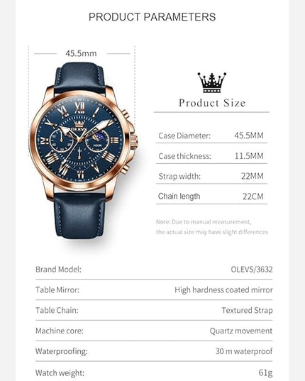 OLEVS Men's Watches Leather Strap Analog Quartz Watch, Fashion Big Dial Date Waterproof Watch, Dress Luxury Luminous Men Watches