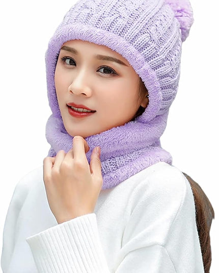 HUAMULAN Women Winter Beanie Hats One Piece Fleece Lined Knit Balaclavas Mask Set Skull Neck Circle Scarf Ski Snow Hat Pompom