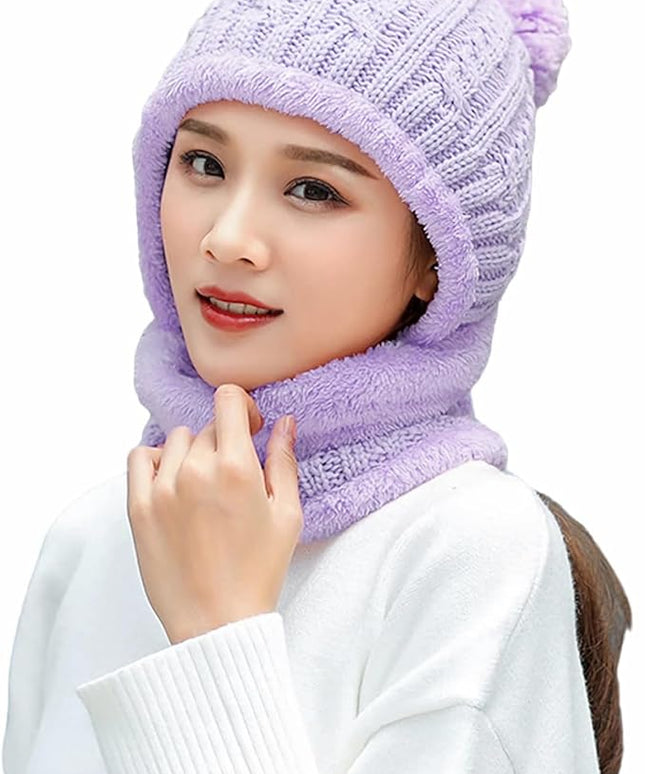 HUAMULAN Women Winter Beanie Hats One Piece Fleece Lined Knit Balaclavas Mask Set Skull Neck Circle Scarf Ski Snow Hat Pompom