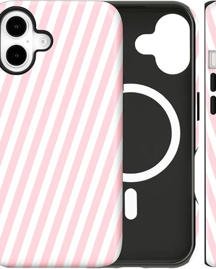 Magnetic for iPhone 17 Case Cute Diagonal Stripes Phone Case, Shockproof Slim TPU and Hard PC Protective Phone Cover Compatible with MagSafe Designed for Women Girls,Pink