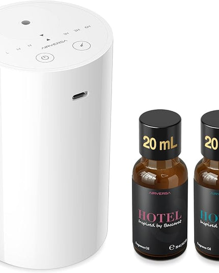 Airversa Waterless Essential Oil Diffuser Starter Kit with 2x20mL Hotel Fragrance Oils, Cordless Nebulizer for Car Home Office, Up to 600 sq ft, Mist/Timer Settings, Baterry Operated, AN8Kit-3, White