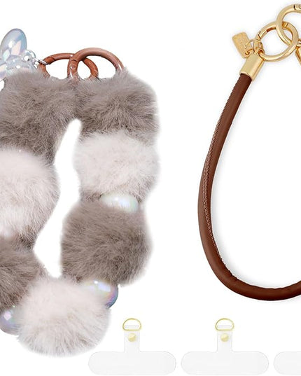 2 Pcs Phone Charm Wrist Strap with Tether Tab, Double Anti Lost Fluff Ball Beaded Wrist Lanyard, Detachable Leather Phone Charms for Bag, Key Chains, Camera Decor