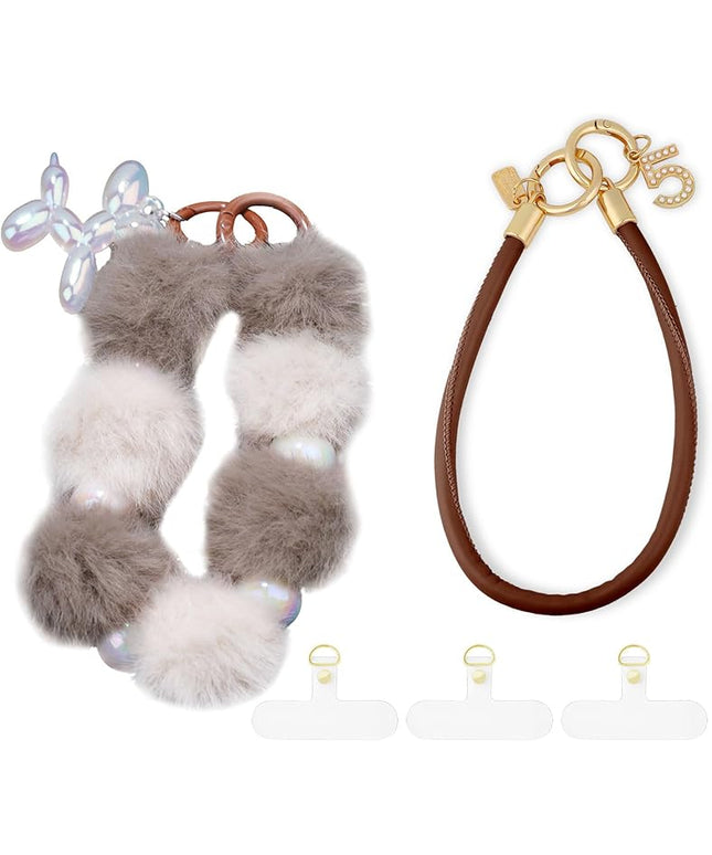 2 Pcs Phone Charm Wrist Strap with Tether Tab, Double Anti Lost Fluff Ball Beaded Wrist Lanyard, Detachable Leather Phone Charms for Bag, Key Chains, Camera Decor