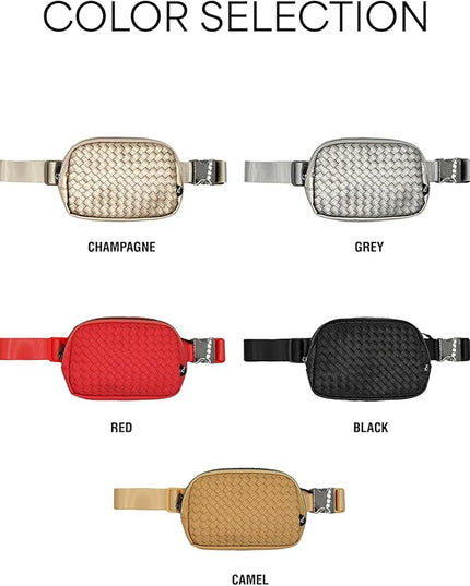 C.C Woven Vegan Leather Fanny Pack – Waist Bag with Adjustable Strap, Crossbody Belt Bag (Vegan Leather Woven - Champagne)