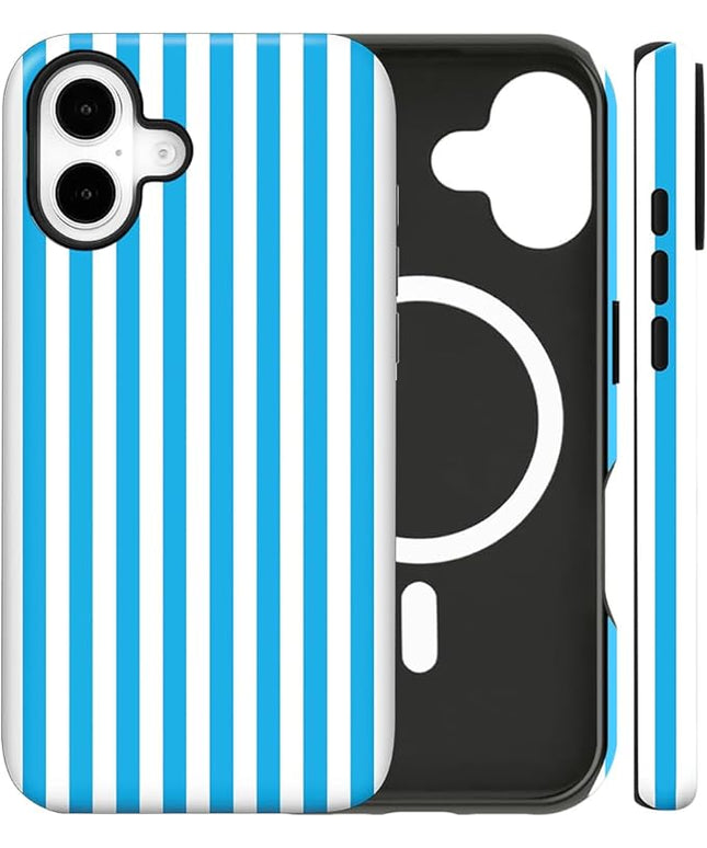 Magnetic for iPhone 16 Plus Case Cute Stripes Phone Case, Shockproof Slim TPU and Hard PC Protective Phone Cover Compatible with MagSafe Designed for Women Girls, Deep Blue