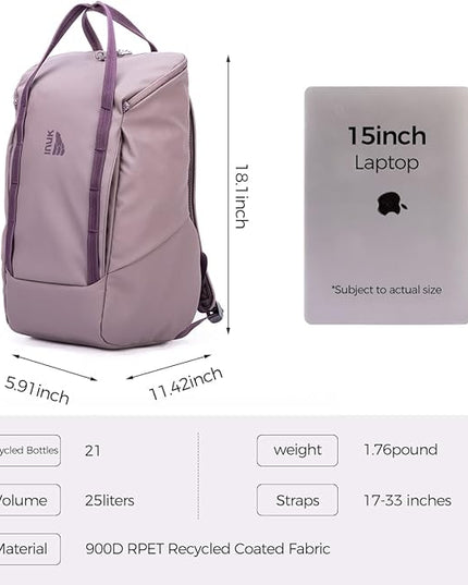INUK Laptop Backpack for College Students & Work, 25L Lightweight Waterproof Backpack for Business Travel, Hiking Daypack with Padded Sleeve and Safety Whistle, Made from Recycled Materials，Purple