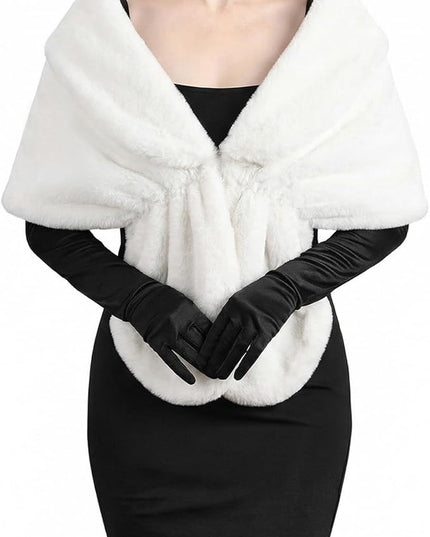 Zhanmai 2 Pcs Winter Long Shawl Cloak Stretchy Glove Opera Bridal Dance Gloves for Women Dress Party Coat