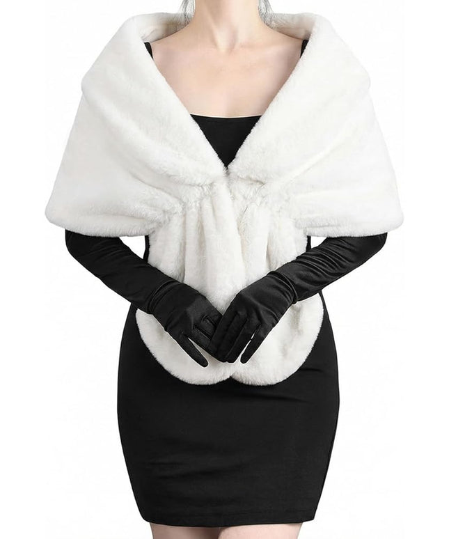 Zhanmai 2 Pcs Winter Long Shawl Cloak Stretchy Glove Opera Bridal Dance Gloves for Women Dress Party Coat