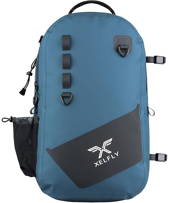 Xelfly - Waterproof Fishing Backpack with Rod Holder, Inflatable Air Valve, Padded Waist Straps & Gear Loops - Submersible Zipper, Rugged Top Handle, Adjustable Attachments (Blue)