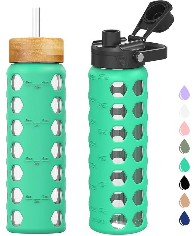 MUKOKO Glass Water Bottles, 24oz Glass Tumbler with Straw, Drinking Bottles with 2 Lids-Handle Spout Lid&Bamboo Straw Lid, Motivational Water Bottle with Time Marker and Silicone Sleeve, 1 Pack-Green
