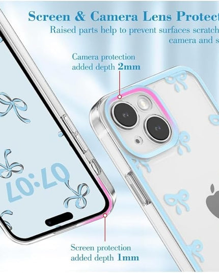 Designed for iPhone Case,Clear Cute Ribbon Bowknot Pattern Aesthetic Transparent Phone Case Raised Camera Protection Stylish Slim Soft Phone Case (Blue,iPhone 14 Pro)