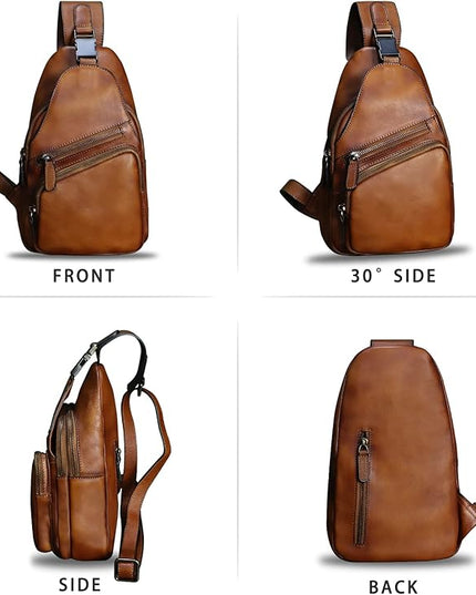 Genuine Leather Sling Bag Crossbody Purse Handmade Hiking Daypack Motorcycle Bag Retro Shoulder Backpack Vintage Chest Bag (Brown)