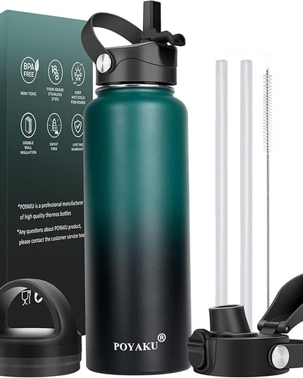 Water Bottle Insulated 32oz 40oz 64oz 128oz Straw Lid Spout Lid & 3 Lids, Leak Proof, Vacuum Insulated,Stainless Steel Water Bottle Wide Mouth for Sports, Gym or Office