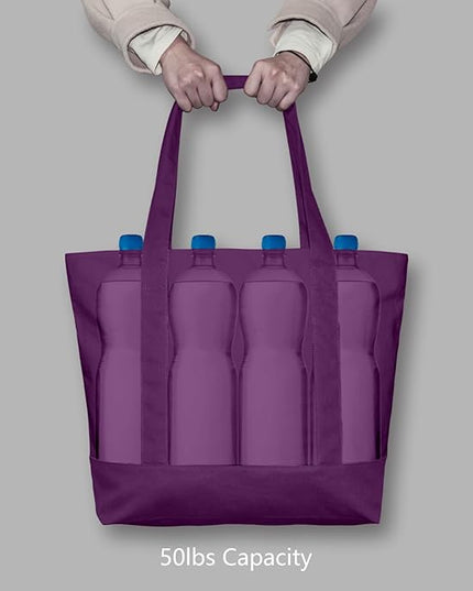 TOPDesign 3-Pack Canvas Tote Bags with an External Pocket, Reusable Grocery Shopping Bags, Top Zipper Closure, Daily Essentials (Purple)
