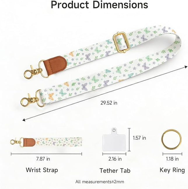 Phone Lanyard Crossbody Wrist Strap, Adjustable Butterfly Text Neck & Wrist Lanyard for Phones, Car Keys, Wallet and ID Card
