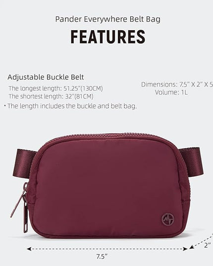 Pander Two Way Zipper Fanny Pack Nylon Everywhere Belt Bag for Women, Water Repellent Waist Packs, Crossbody Bags with Adjustable Strap (Red Merlot).