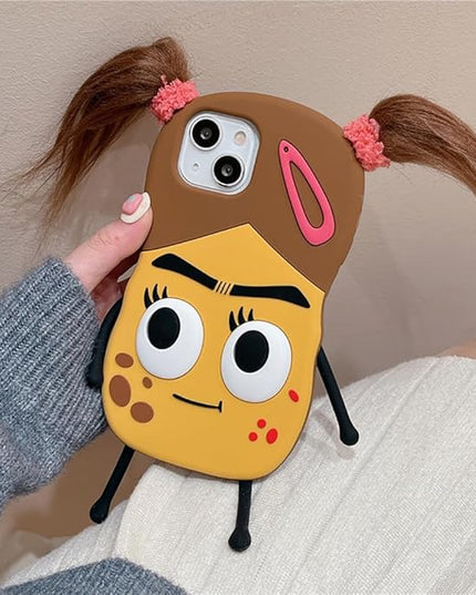 Case Compatible with iPhone 13,Cute 3D Kawaii Funny Braided Ugly Girl Cartoon Cover with Keychain Soft Silicone Gel Drop Protector Women Girls