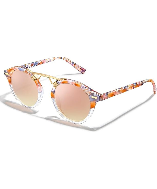 CARFIA Small Face Acetate Polarized Sunglasses for Women UV Protection, Retro Double Bridge Eyewears Metal Brow Round Sunnies