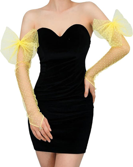 Long Fingerless Lace Gloves with Bow Polka Dot Wedding Bridal Mesh Sheer Gloves Long Opera Party Accessories