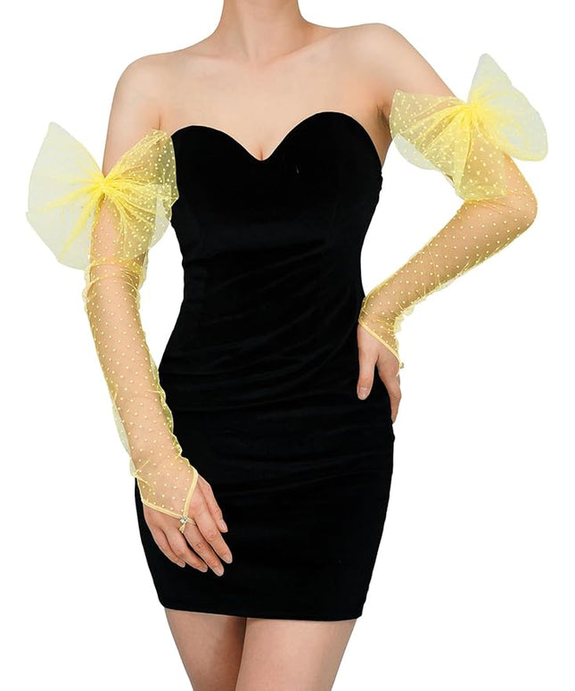 Long Fingerless Lace Gloves with Bow Polka Dot Wedding Bridal Mesh Sheer Gloves Long Opera Party Accessories