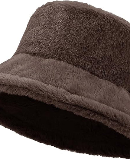 Women Plush Fluffy Bucket Hat Warm Lining Winter Faux Fur Cozy Wide Brim Winter