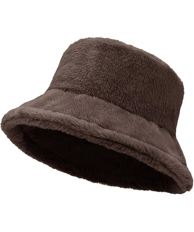 Women Plush Fluffy Bucket Hat Warm Lining Winter Faux Fur Cozy Wide Brim Winter