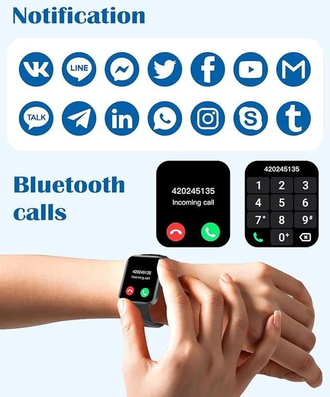 RUIMEN Smart Watches for Men Women (Answer/Make Calls) Compatible with iPhone/Android Phones, 1.85" HD Screen Fitness Tracker Heart Rate Monitor 100+ Sports Tracker Watch Waterproof (Black)