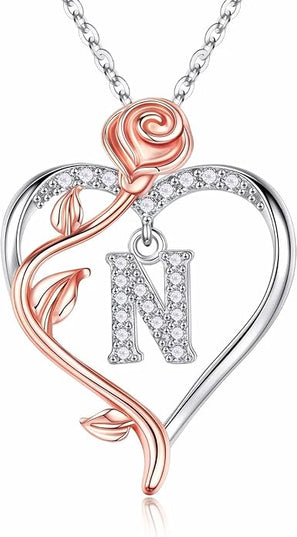 Iefil Christmas Gifts for Women Wife - 925 Sterling Silver Rose Heart Initial Necklace, Anniversary Birthday Gifts for Women, Jewelry Gift for Her Wife Girlfriend Mom Daughter