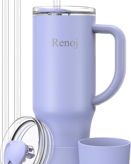 Renoj Tumbler with Handle 100% Spill Resistant Insulated Water Bottle for Iced Coffee & Hot Drinks - Fits Car Cup Holder, Ideal Gift, 2 Straws & Silicone Boot BPA-Free - FlexSlide Blue 40 oz