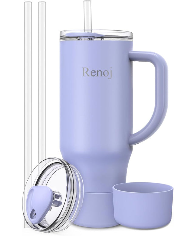 Renoj Tumbler with Handle 100% Spill Resistant Insulated Water Bottle for Iced Coffee & Hot Drinks - Fits Car Cup Holder, Ideal Gift, 2 Straws & Silicone Boot BPA-Free - FlexSlide Blue 40 oz