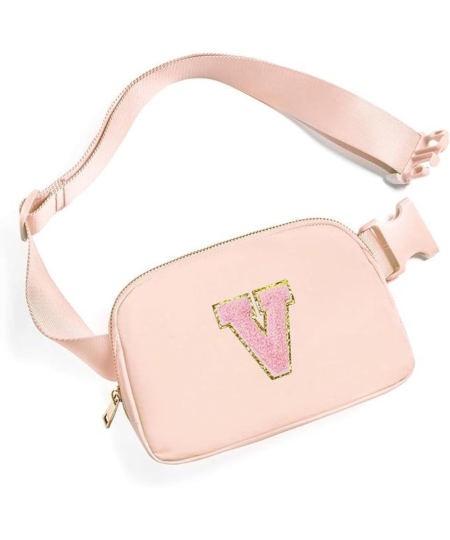Gitus 6 7 8 9 10 Year Old Girl Gifts Belt Bag Fanny Pack Crossbody Bags with Initial Letter Patch Things for Teen Girls Easter Gifts for Girls Travel Essentials（Coral Pink-V）