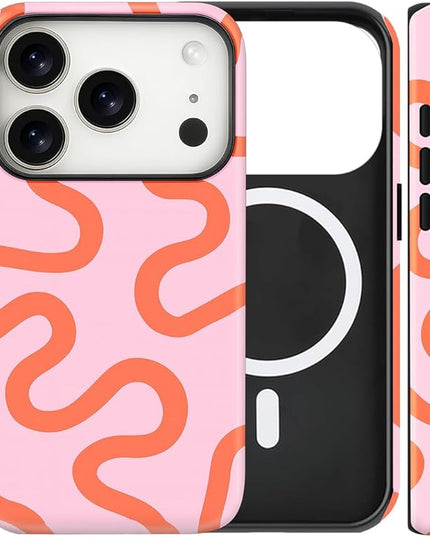 Magnetic for iPhone 17 Pro Max Case Cute Curved Stripes Phone Case, Shockproof Slim TPU and Hard PC Protective Phone Cover Compatible with MagSafe Designed for Women Girls,Pink