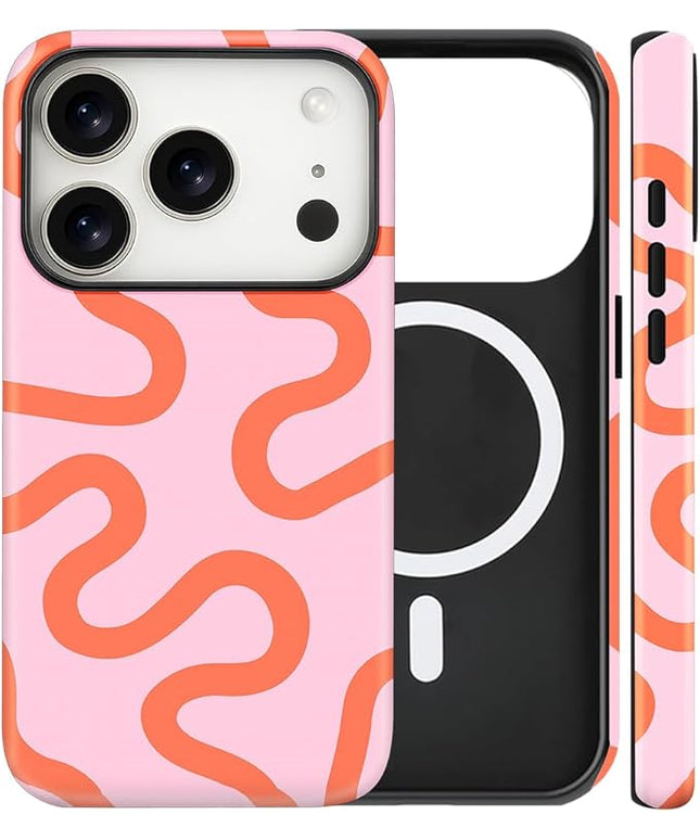 Magnetic for iPhone 17 Pro Max Case Cute Curved Stripes Phone Case, Shockproof Slim TPU and Hard PC Protective Phone Cover Compatible with MagSafe Designed for Women Girls,Pink