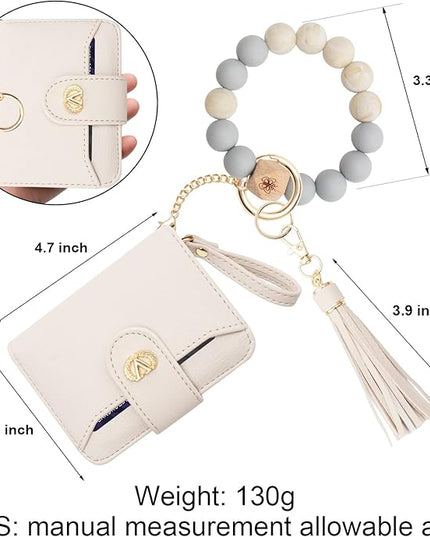 Multi-Purpose Wallet High Capacity Card Holder Zipper Coin Purse with Wristlet Bracelet Keychain Silicone Beaded Bangle Key Ring